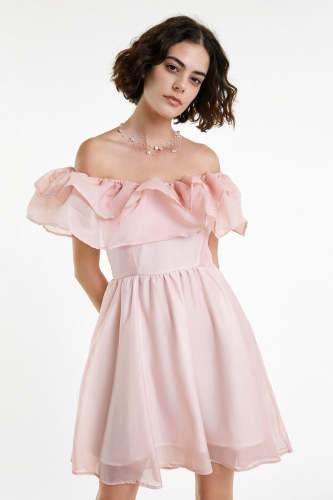 Flash Sale                Pink Off-the-Shoulder Ruffled Mini Dress