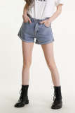 Flash Sale                Light Blue Wash Turn-Up Hem High Rise Denim Shorts