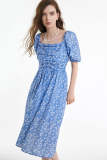 Light Sky Blue Floral Print Puff Sleeve Ruched Midi Dress