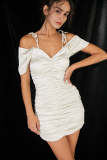 Ivory Ruched Off-the-Shoulder Bodycon Mini Dress