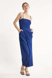 Medium Blue Smocked Spaghetti Strap Wide Leg Denim Jumpsuit
