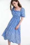 Light Sky Blue Floral Print Puff Sleeve Ruched Midi Dress