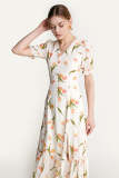 Ivory Floral Print Ruffled V-Neck Side Slit Midi Dress