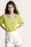 Yellow Green Beaded Chain Detail Square Neck Puff Sleeve Blouse