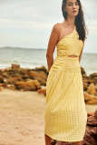 Lemon Chiffon Checked Crinkled Halterneck Cut Out Tie Back Maxi Dress