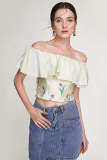 Light Yellow Tulip Print Off-the-Shoulder Ruffle Cropped Blouse