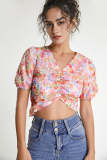 Pink Floral Applique Gathered Front Blouse