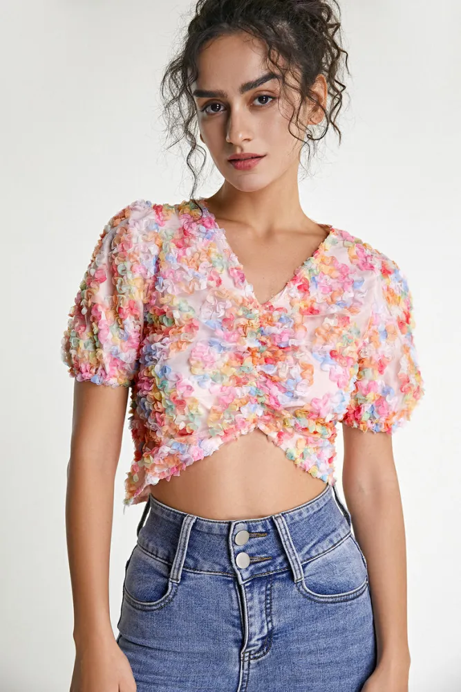 Pink Floral Applique Gathered Front Blouse