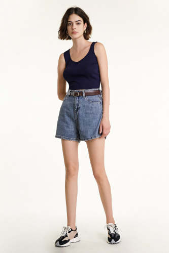 Light Steel Blue Belted Pocket Detail Denim Shorts