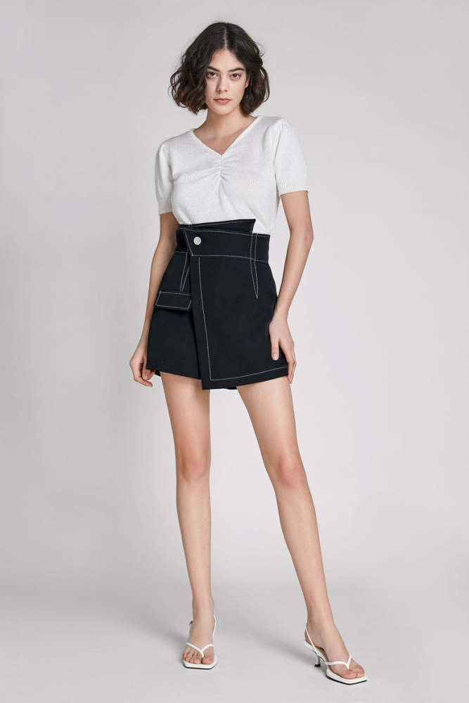 Black Stitching Detail Faux-Wrap Shorts