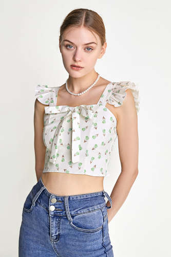 Ivory Floral Print Ruffled Cropped Tank Top