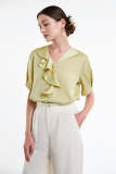 Yellow Green Flounce-Trimmed Short Sleeve Blouse