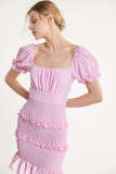 Pink Smocked Ruffled Lace-Up Bodycon Mini Dress