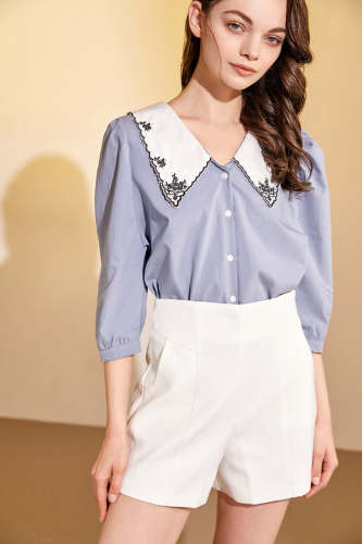 Light Steel Blue Doll Collar Embroidery Shirt