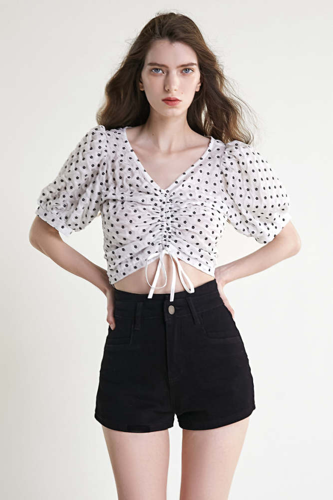 White Floral Print Ruched Drawstring Cropped Blouse