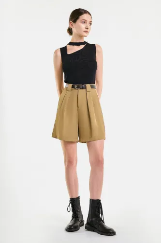 Dark Khaki Belted Pleat Detail Longline Shorts