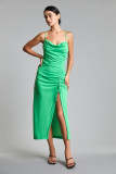 Lime Green Spaghetti Strap Cowl Neck Ruched Drawstring Midi Dress