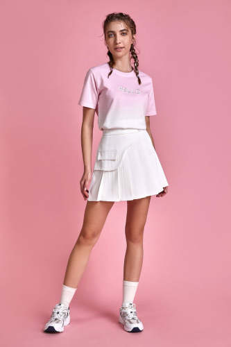 Pink Contrast-Panel Embroidery Detail T-shirt