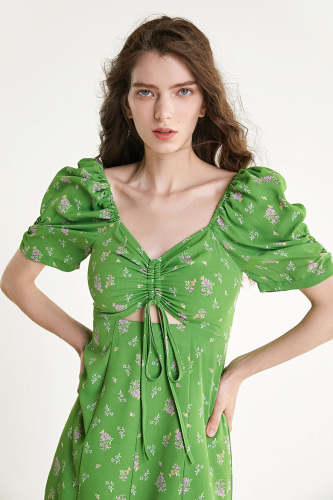 Forest Green Floral Print Ruched Cut Out Midi Dress