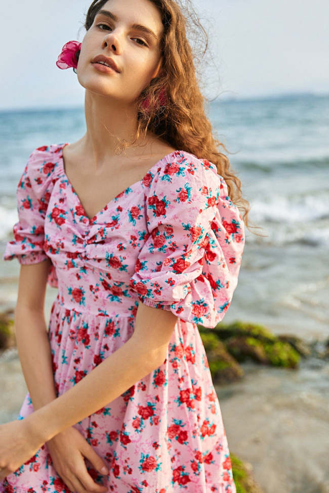 Pink Floral Print Square Neck Puff Sleeve Midi Dress