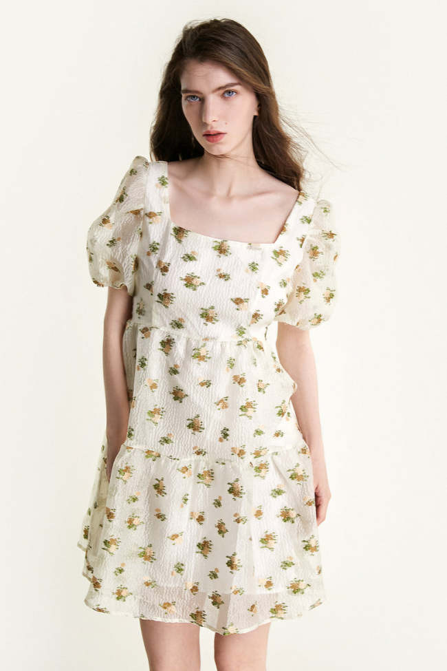Light Yellow Floral Print Square Neck Mini Dress