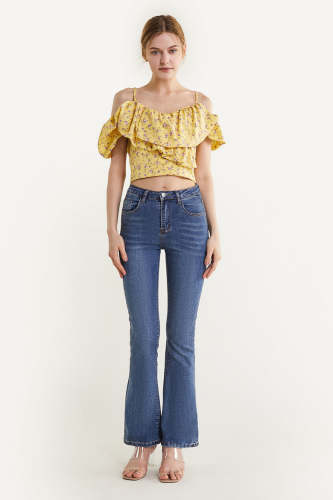 Yellow Ruffled Floral Print Off-the-Shoulder Crop Top