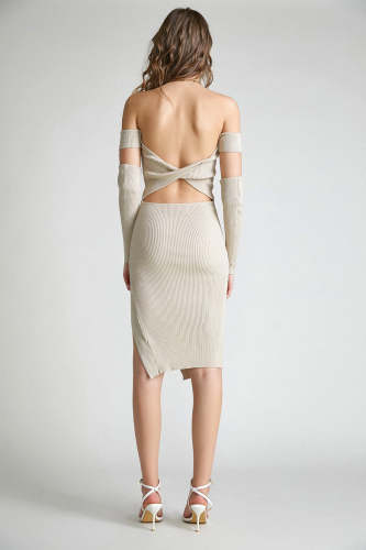 Linen Rib-Knit Bodycon Midi Dress with Oversleeves