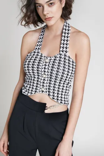White Houndstooth Halter Crop Top