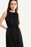 Black Satin Sleeveless Pleated Midi Dress