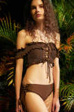 Saddle Brown Smocked Ruffled Lace-Up Bikini Set