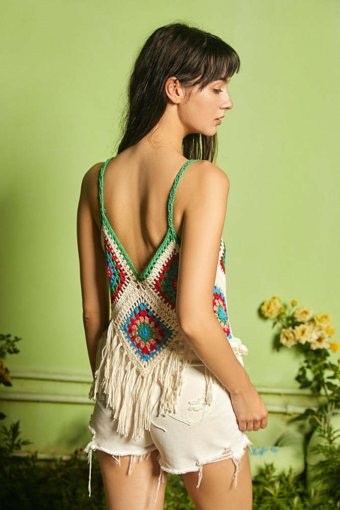 Green Granny Square Crochet Cami Cover-Up