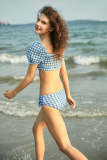 Steel Blue Plaid Puff Sleeve And High-Waisted Bikini Set