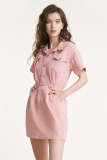 Pink Button Front Pocket Detail A-Line Denim Shirt Dress