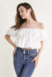 White Off-the-Shoulder Ruched PuffBall Crop Top