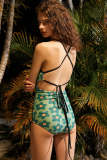 Light Green Floral Print Tie Back One-Piece Swimsuit