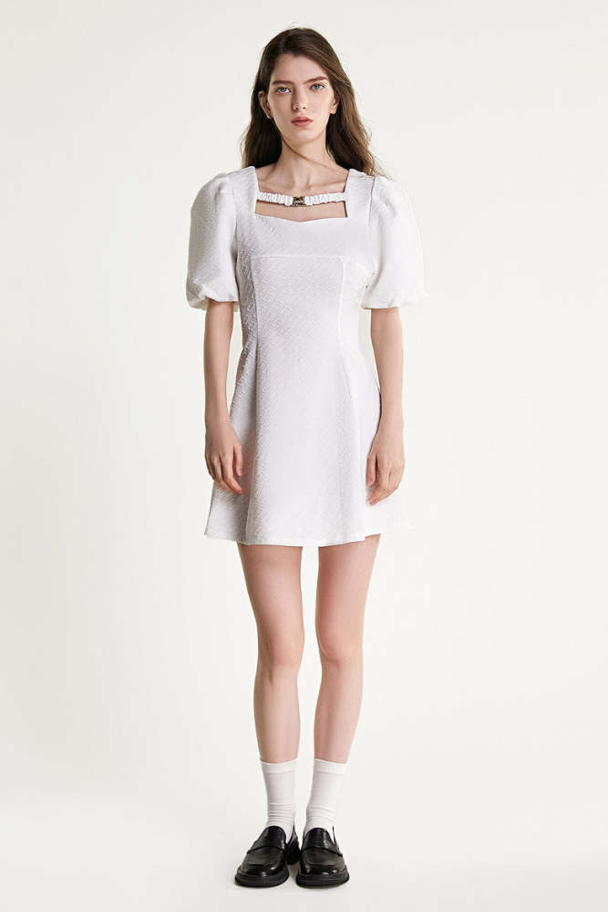 White Textured Buckle Strap Detail Puff Sleeve Mini Dress