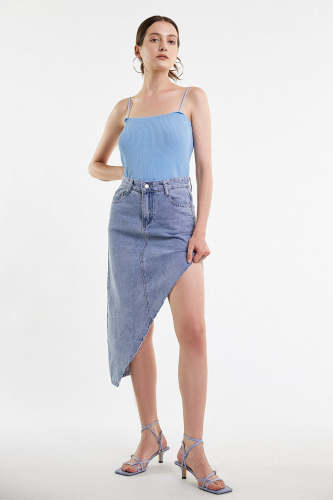Light Steel Blue Asymmetric Hem Denim Skirt