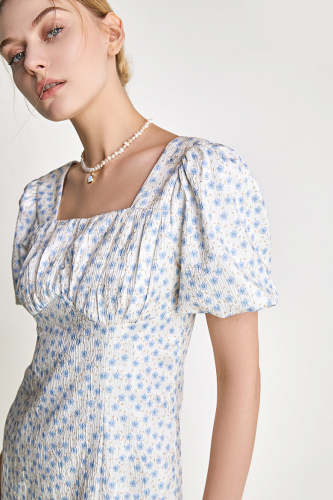 Ivory Ruched Floral Print Midi Dress