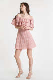 Pink Gingham Off-the-Shoulder Ruffled Mini Dress