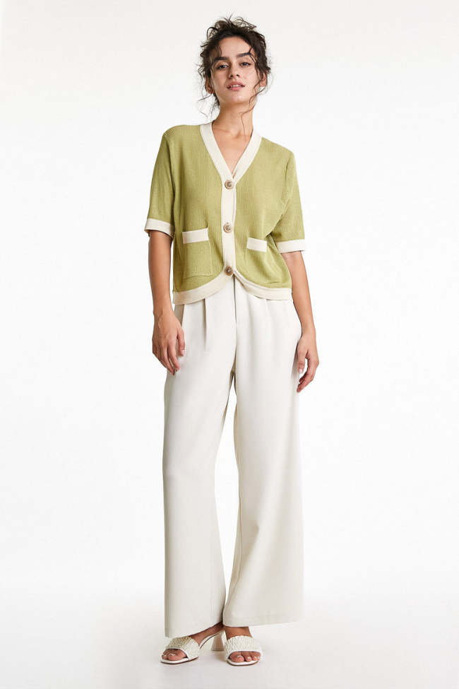 Flash Sale                Olive Contrast Trim Short Sleeve Patch Pocket Cardigan