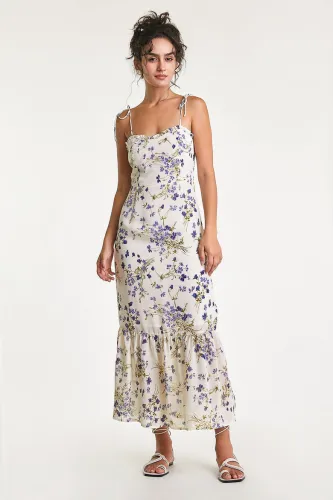 Ivory Floral Print Tie Strap Ruffle Detail Midi Dress