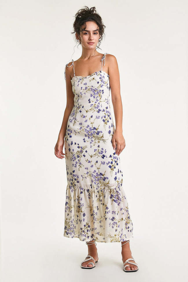 Ivory Floral Print Tie Strap Ruffle Detail Midi Dress