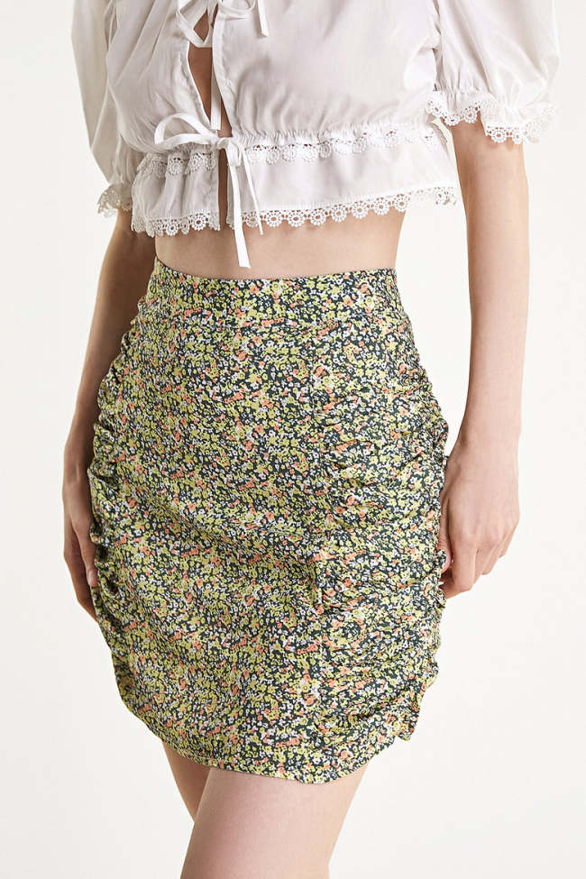 Khaki Floral Print High Rise Ruched Mini Skirt
