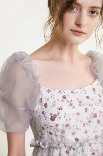Thistle Floral Print Puff Sleeve Tulle Mini Dress