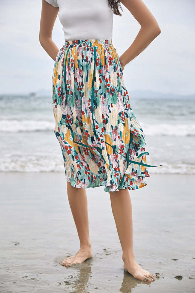 Multicolor Crinkled Floral Print Elastic Waist High Rise Midi Skirt
