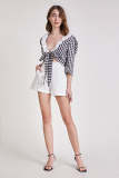 Black Plaid Lace Collar Tie Front Blouse