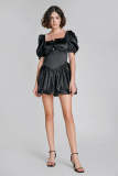 Black Square Neck Puffball Hem Mini Dress