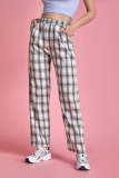 Midnight Blue Plaid Elastic Waist Straight Leg Pants