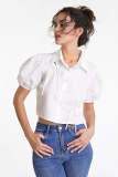 White Tie Detail Puff Sleeve Cropped Cotton Shirt