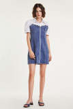 Royal Blue Collared Zip Front Denim Patchwork Mini Dress